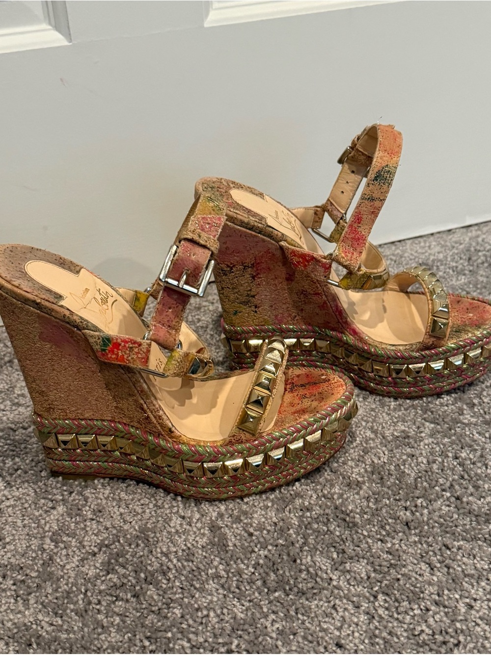 Christian Louboutin Multicolor Studded Espadrille Wedge Sandals
